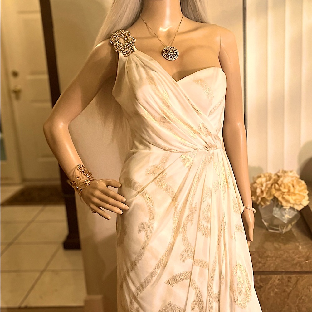 Cache Gold and White with shoulder embellishment. Evening Dress.